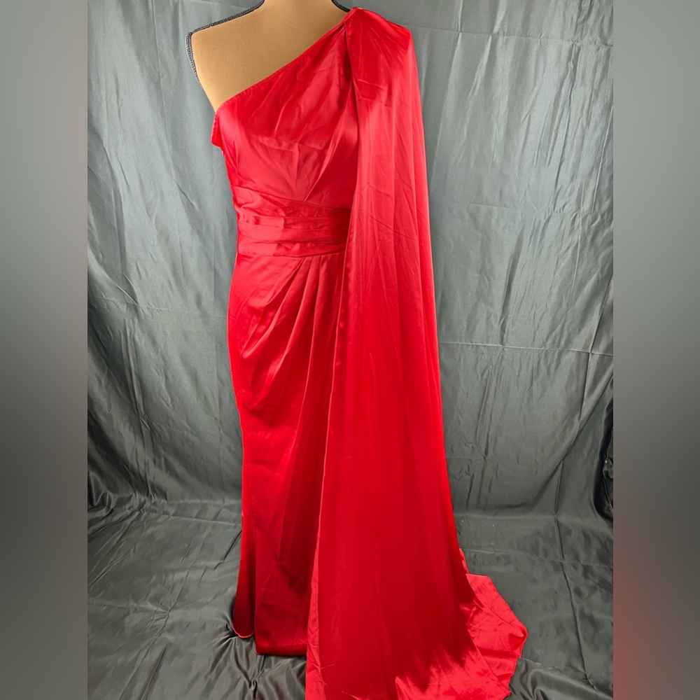 On Arm Satin Red Ball Gown With Thigh Slit - Gem